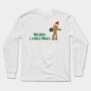 Merry Christmas logo with Yellow star, gingerbread man cookie wearing santa hat,  holding gift on white background Long Sleeve T-Shirt